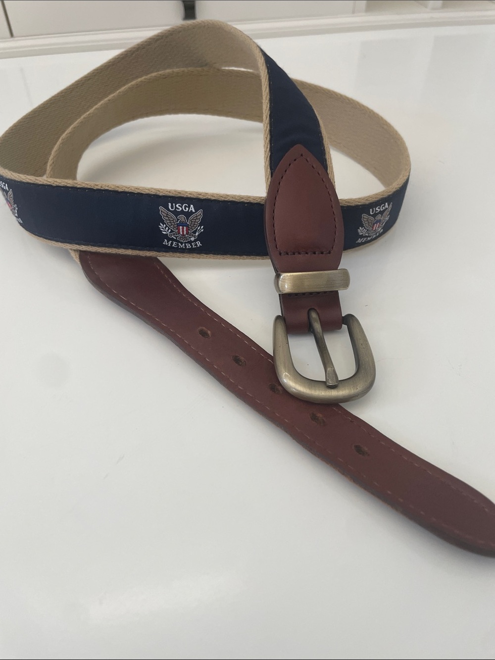 USGA Member Navy and Brown Leather Trim Belt size 44/110. Made by YRI. GUC